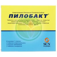 Пилобакт таблеток и капсул набор №42 (6х7) /в стрипе-омепразол капс 20мг-2шт, тинидазол таб п/п/о 500мг-2 шт, кларитромицин таб п/п/о 250мг-2 шт/
