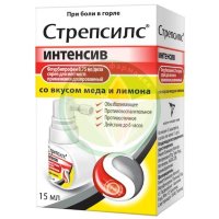 Стрепсилс интенсив спрей для местного применения дозированный 8,75мг/доза 15мл(15доз) со вкусом меда и лимона